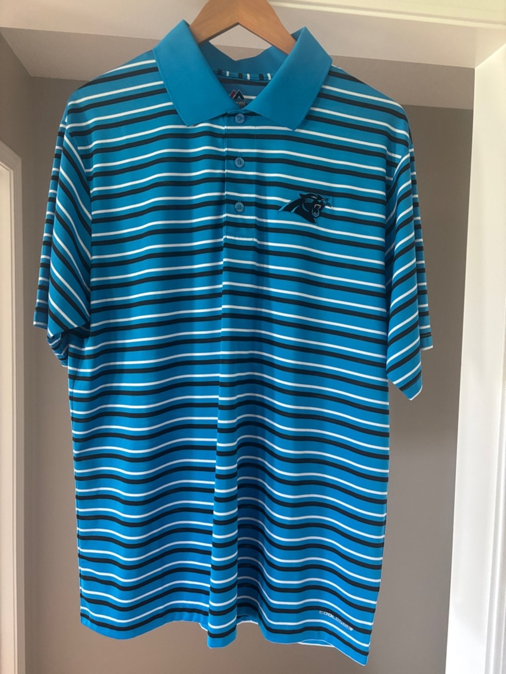 Majestic Teal and Navy Striped Polo Carolina Panthers Cool Base Polo